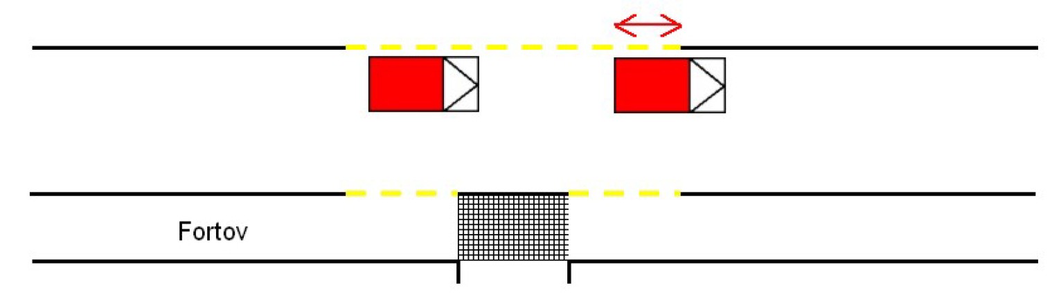 Illustration af parkeringsforbud afmærket ved brudt gul kantlinje