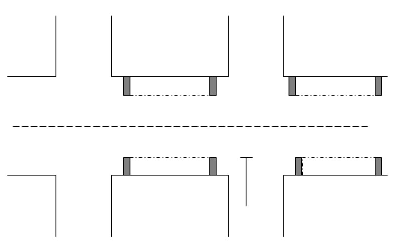 Illustration af vej, hvor en del af vejarealet er udgået af den egentlige kørebane - for eksempel hvis der er etableret beplantning.